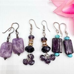 Vintage To Now Amethyst Gemstone Glass Bead Earring Lot Shades Of Purple 3 Pair